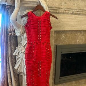 Chic Red Studded Midi Dress